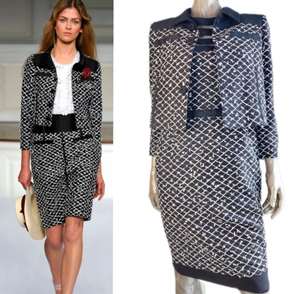 $4,500 OSCAR DE LA RENTA BLK WHT TWEED JACKET DRESS SUIT 6